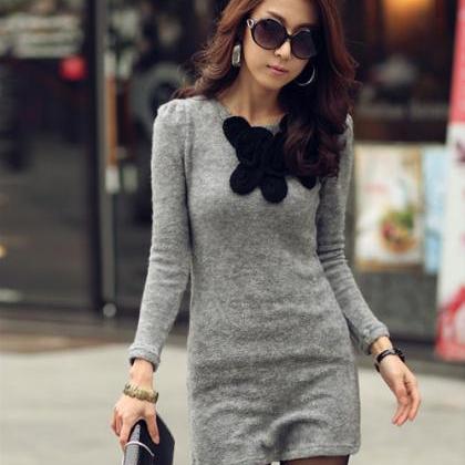 Round Collar Pure Color Knit Long Sleeve Dress