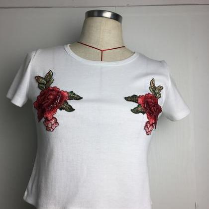 Embroidered Sexy Round Collar Short Sleeve T-shirt