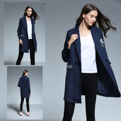 2017 Fashion Stripe Long Sleeve Denim Coat