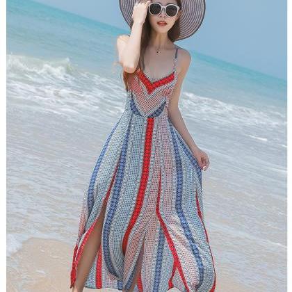 Bohemia Stripe Print Backless Beach Chiffon Dress