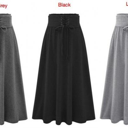Waist Band Elastic Solid Modal Flare Long Skirt