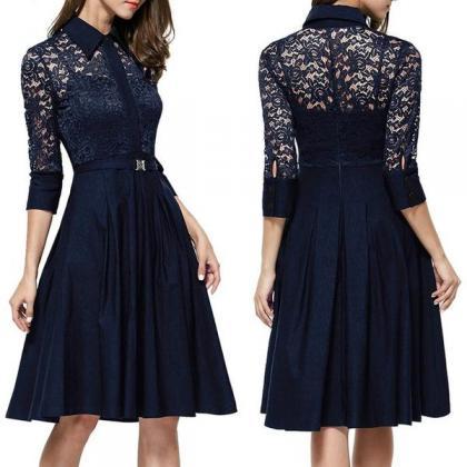 Lace Long Sleeves Solid Splicing Pleated Short..