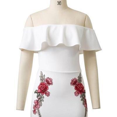 Off Shoulder Ruffles Embroidery Short Bodycon..