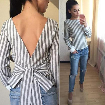 Scoop Striped Long Sleeves Straps Open Back..