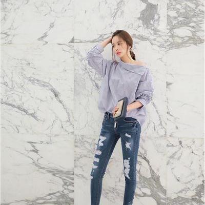 One Shoulder Striped Long Bat-wing Sleeves Blouse