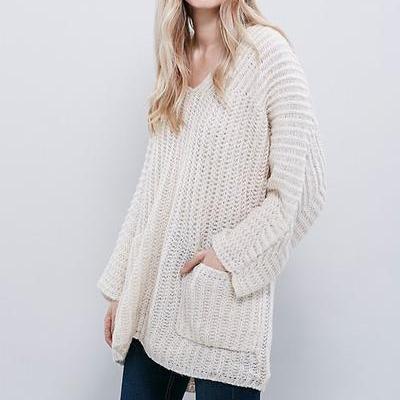 V-neck Pure Color Pocket Loose Long Sweater