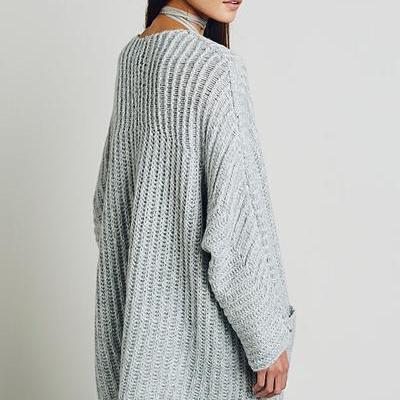 V-neck Pure Color Pocket Loose Long Sweater
