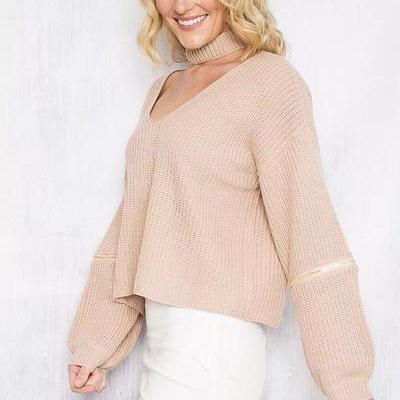 V-neck Long Sleeves Zipper Pure Color Pullover..