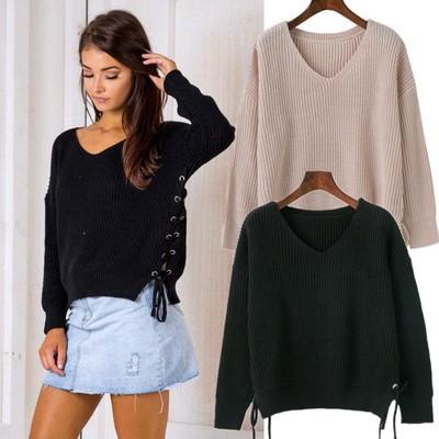 Straps V-neck Pure Color Long Sleeves Lace Up..