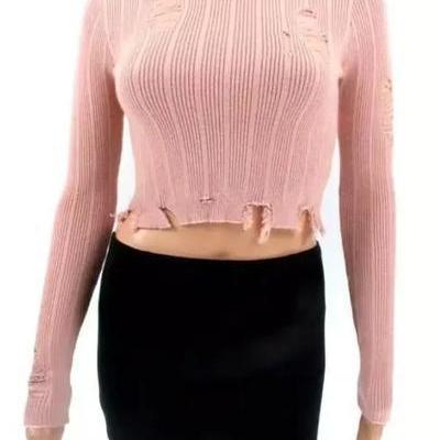 Cut Out Hole Long Sleeves Scoop Short Crop Sweater