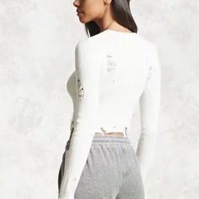 Cut Out Hole Long Sleeves Scoop Short Crop Sweater