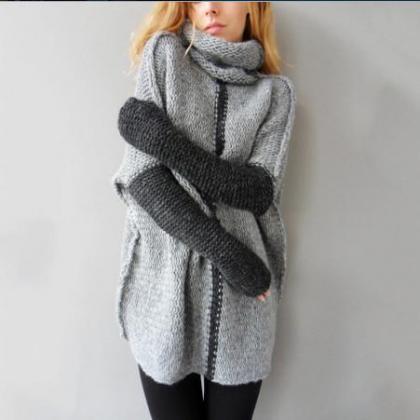 Long Sleeves Patchwork High Neck Long Pullover..