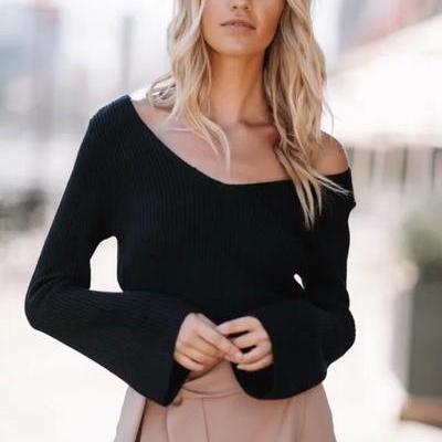 Pure Color Long Sleeves V-neck Short Crop Sweater