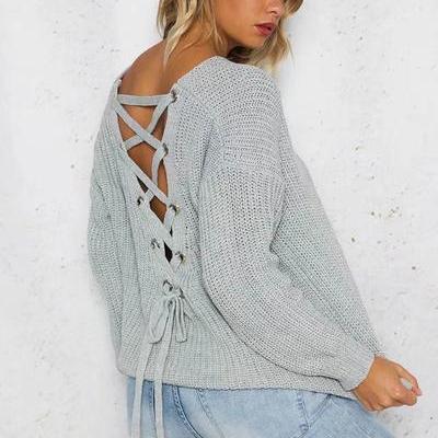 Back Cross Pure Color Long Sleeves V-neck Sweater