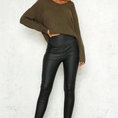 Back Cross Pure Color Long Sleeves V-neck Sweater