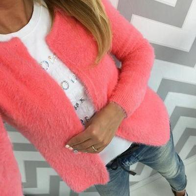 Long Sleeves Pure Color Scoop Open Cardigan