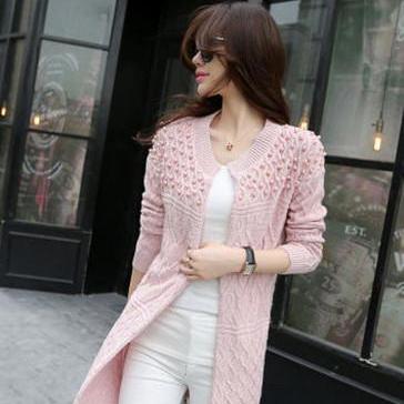 Cable Beadings Loose Candy Color Long Sleeves Long..