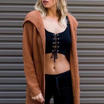 Brown Hooded Knitted Long Oversized Cardigan