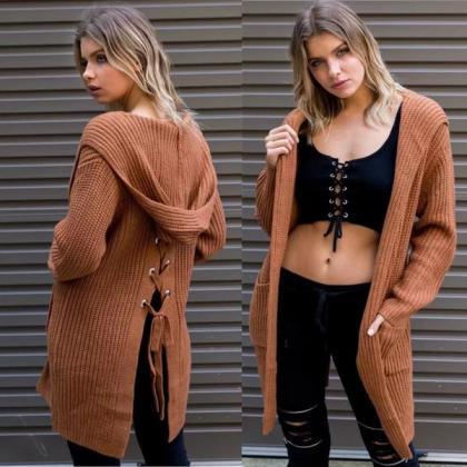 Brown Hooded Knitted Long Oversized Cardigan