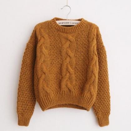Scoop Pure Color Long Sleeves Cabel Sweater