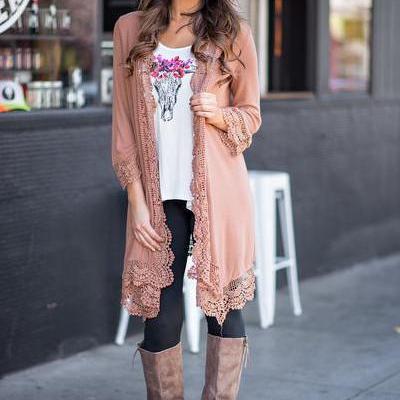 Lace Patchwork Pure Color Long Sleeves Long Loose..