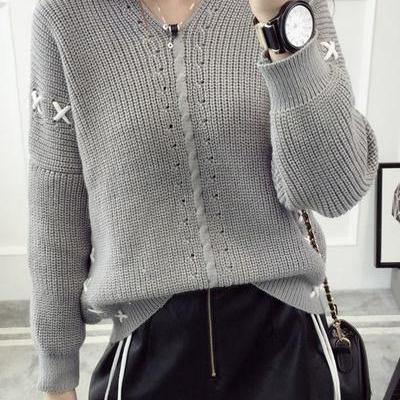 Pure Color Long Sleeves Lace Up V-n..