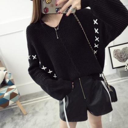 Pure Color Long Sleeves Lace Up V-n..