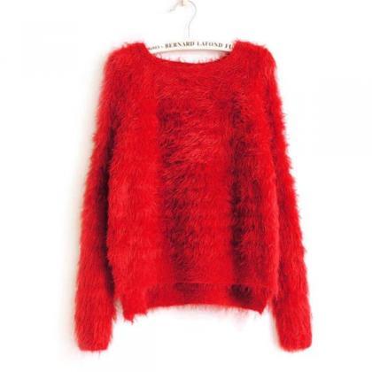 Long Sleeves Pure Color Irregular Scoop Mohair..