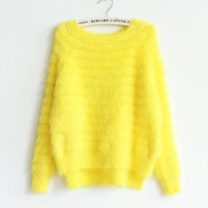 Long Sleeves Pure Color Irregular Scoop Mohair..