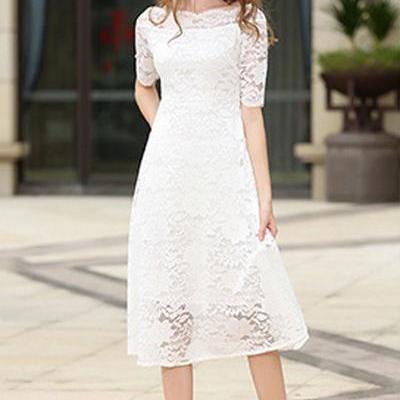 Half Sleeves Pure Color Slim Lace Long Dress