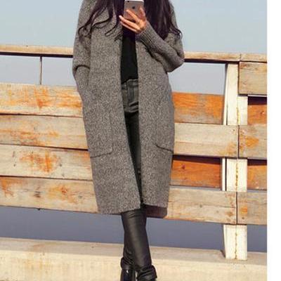 Pure Color Long Sleeves Two Pockets Long Cardigan