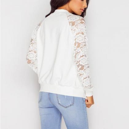 Long Sleeves Pure Color Lace Patchw..