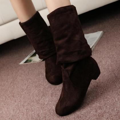 Faux Suede Rounded-toe Knee High Boots