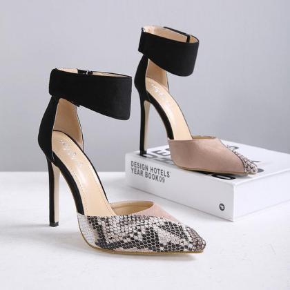 Pointed-toe Croc-embossed Ankle Strap Stilettos,..