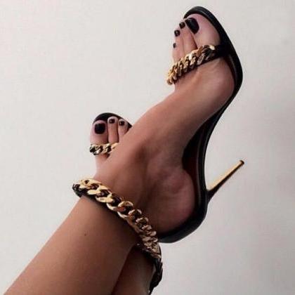 Stiletto Heel Peep-toe Metal Chain Decorate Ankle..