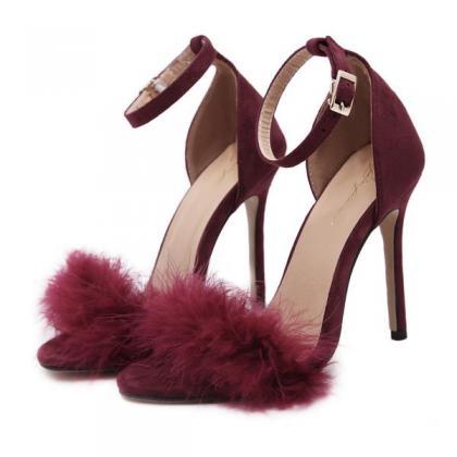 Stiletto Pu Heel Peep-toe Fur Decorate Ankle Strap..