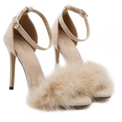 Stiletto Pu Heel Peep-toe Fur Decorate Ankle Strap..