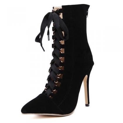 Suede Pointed-Toe Lace-Up Stiletto High Heels With Back Zipper on Luulla