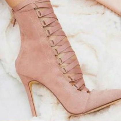 Suede Pointed-toe Lace-up Stiletto High Heels With..