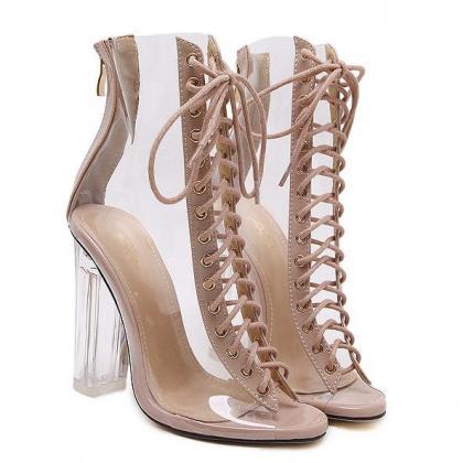 Transparent Lace Up Chunky Heel Pointed Toe Zipper..