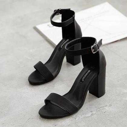 Faux Leather Ankle Strap Block Heel Sandals