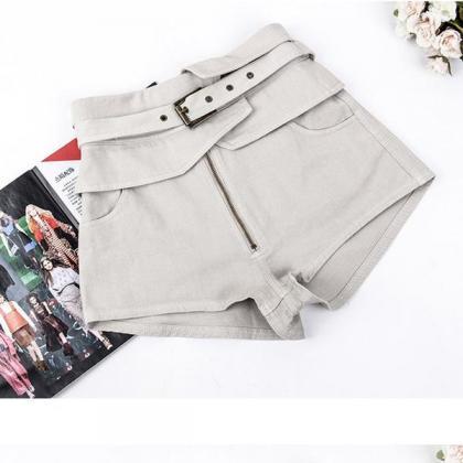 Pure Color High Waist Belt Slim Zipper Shorts