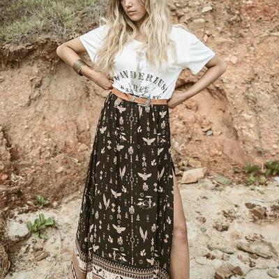 Bohemian Beach Loose Split Print Long Skirt