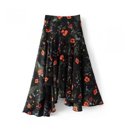 Flower Print Irregular Loose Long Skirt