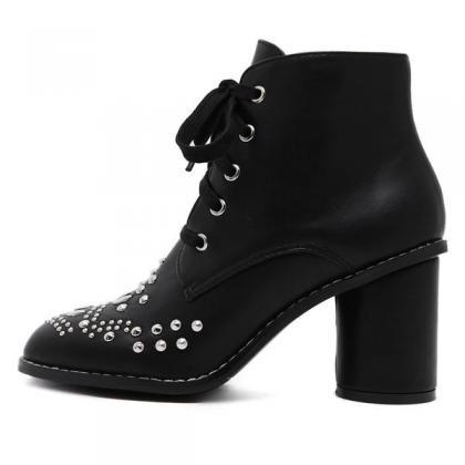 Round Toe Lace Up Rivets Chunky Heel Short Boots