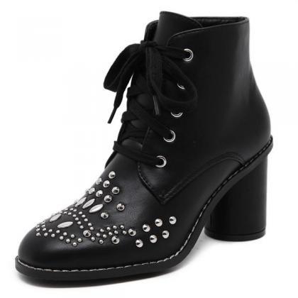 Round Toe Lace Up Rivets Chunky Heel Short Boots