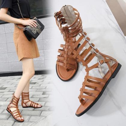 Roman Style Straps Hasp Ankle Length Boots Flat..