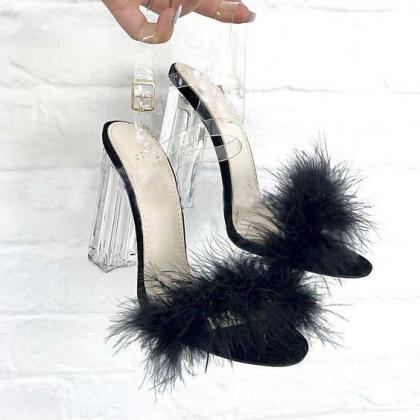 Faux Fur Decorate Transparent Chunky High Heels..