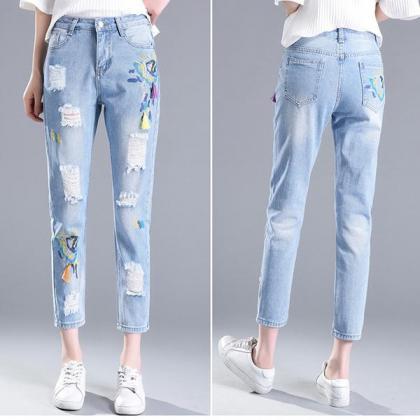 Embroidery Rough Holes 9/10 Pencil Skinny Jeans