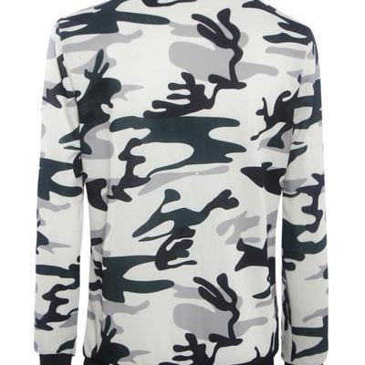 Camouflage Print High Neck Zipper Scoop Short Coat..